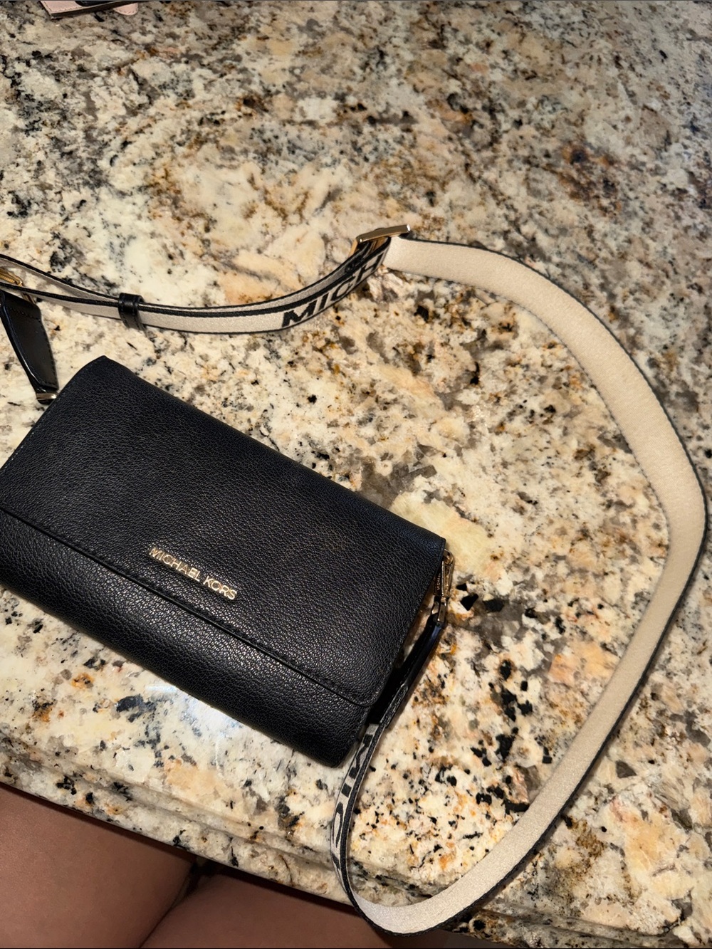 Michael Kors Black Pebbled Leather Crossbody with White Logo Strap